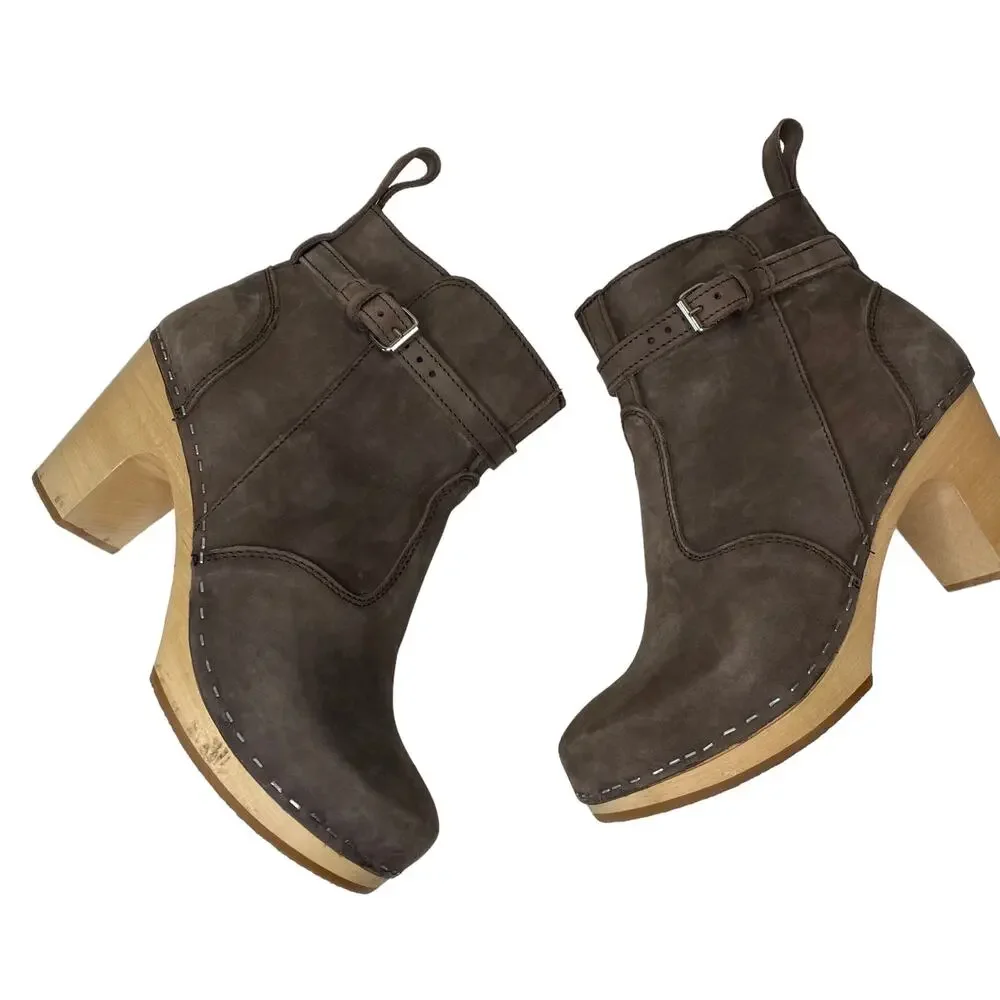 Swedish Hasbeens High-Heeled Jodhpu Boot Chocolate Brown Nubuck Leather Size 40